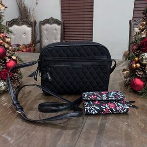 Black Quilted Crossbody Bag with Floral Wallet